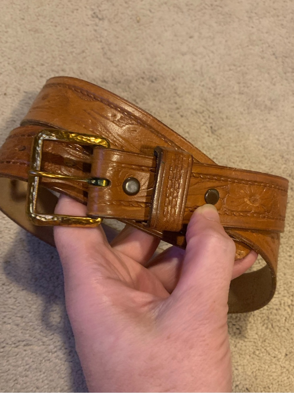 Vintage Unisex Vogel Leather Tooled Embossed Belt with Brass Buckle